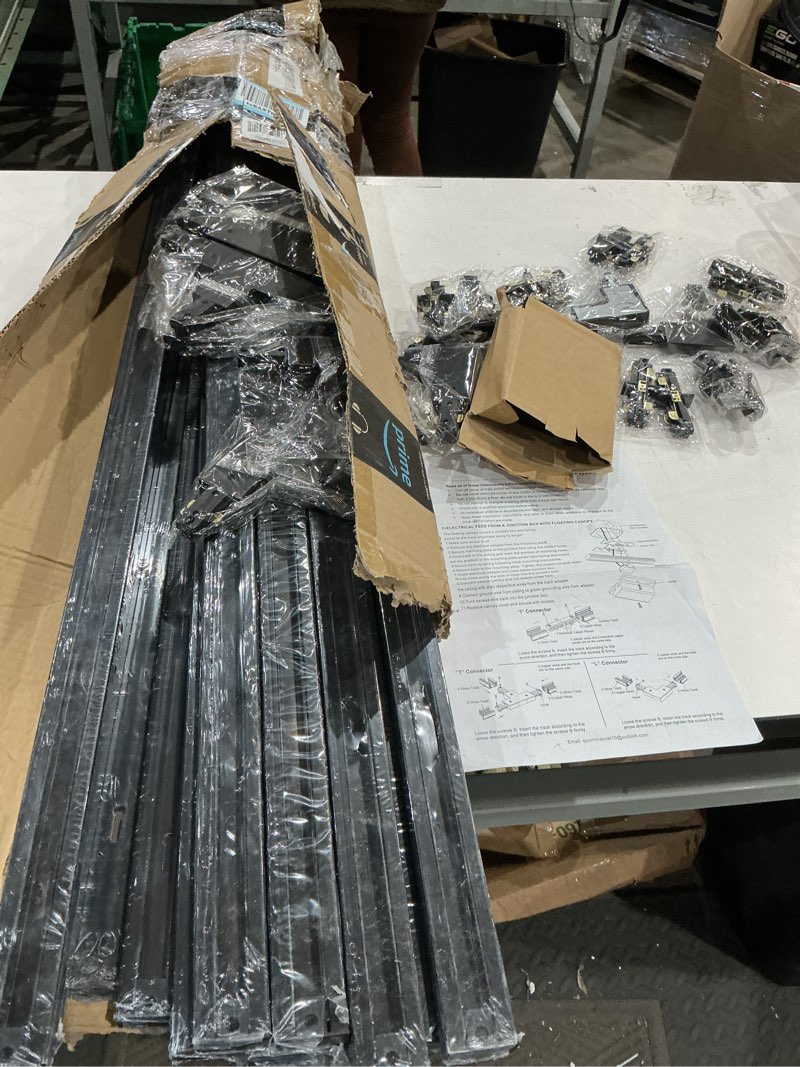 Condition photo showing As Is for h track lighting rails kit with floating canopy connector, black h type track rails with end caps, live end feed and t l connector, compatible with single circuit h style track system