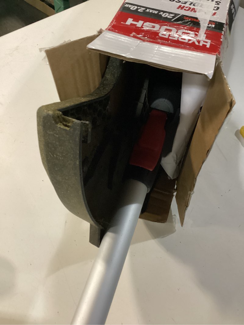 Condition photo showing As Is for hyper tough 20v max cordless 12-inch string trimmer, ht21-401-003-02