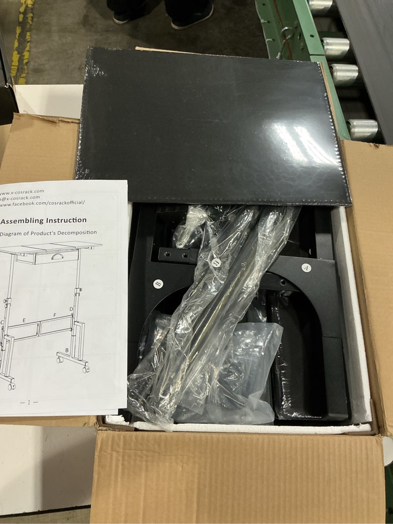 Condition photo showing As Is for adjustable height standing desk with drawer, rolling sit stand up desk with wheels, small sit to stand computer desk, adjustable desktop height, on wheels, black, for walking pad laptop treadmill black with drawer