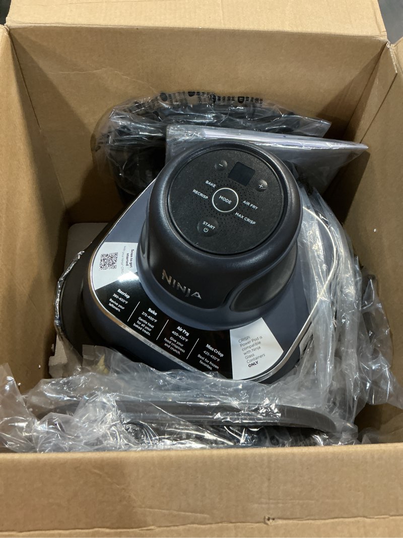 Condition photo showing As Is for ninja crispi 4-in-1 glass air fryer | 450°f | non-toxic | 4qt & 6-cup glass containers w/lids | microwave, freezer, dishwasher safe | max crisp, air fry, bake, recrisp | cyberspace gray, fn101gy cyberspace gray 4 qt