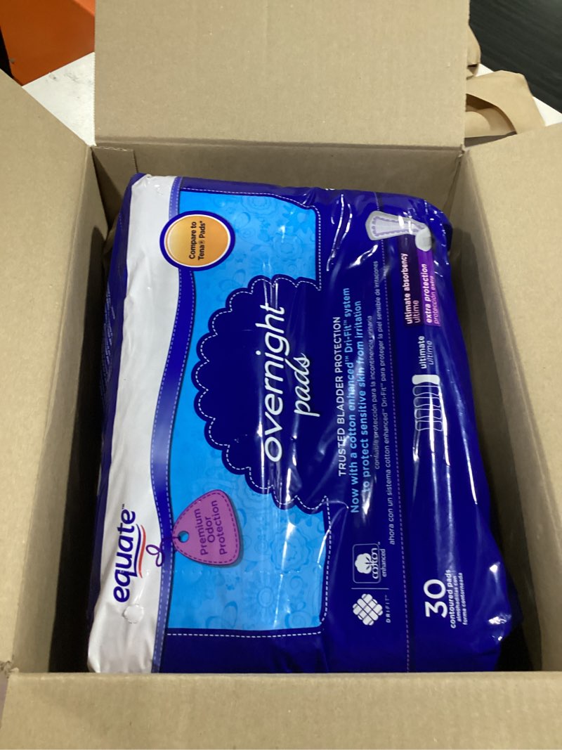 Condition photo showing New/Like New for equate overnight ultimate absorbency pads, 30 count