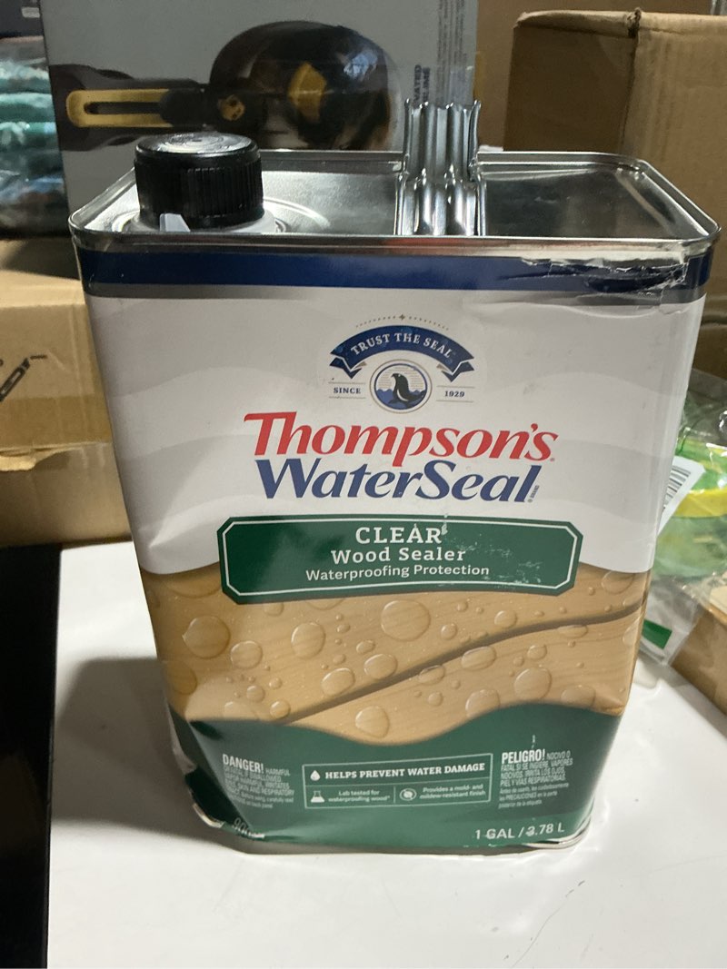 Condition photo showing As Is for thompson's waterseal clear wood sealer, clear, 1 gallon