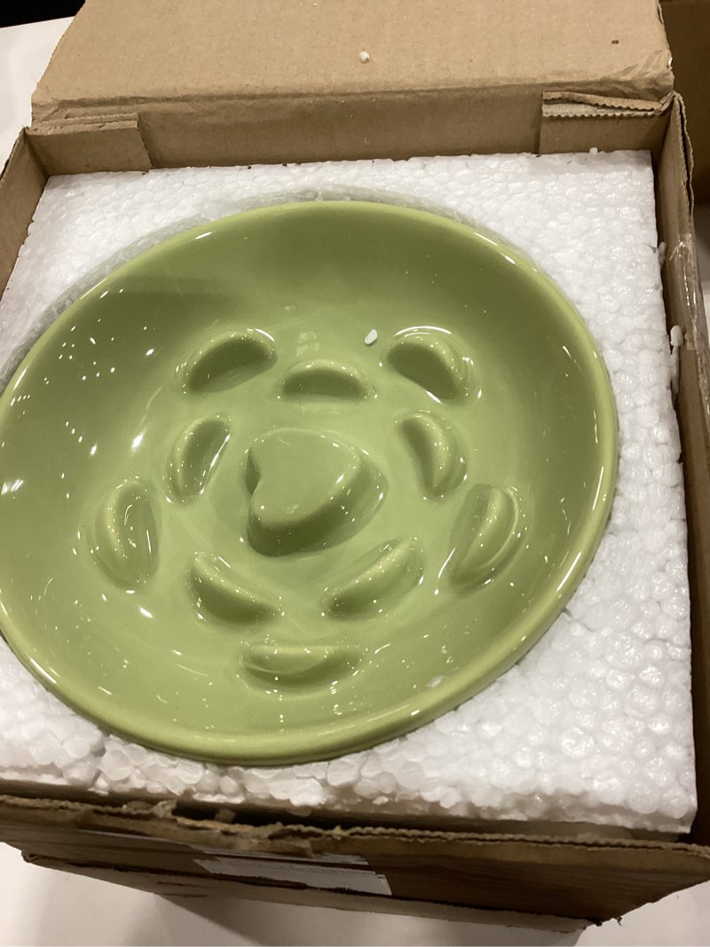 Condition photo showing As Is for Layhit 2 Pack Raised Slow Feeder Cat Bowls Ceramic Elevated Cat Food Bowls Anti Vomiting Slow Feeder for Dog and Kitten for Dry and Wet Food(Green, Pink)