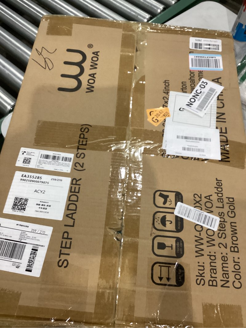 Condition photo showing Good Condition for WOA WOA Step Ladder, 2 Step Foldable Step Stool with Widen Pedals, Portable Aluminum Stepladder, Compact Ladder for Space Saving, Home Ladders for Kitchen(300lbs, Gold) 2 Step Brown Gold