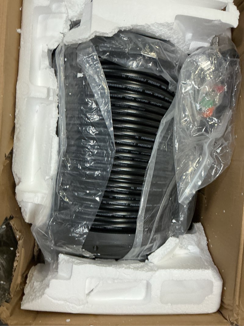 Condition photo showing Good Condition for giraffe tools grandfalls pressure washer, electric wall mounted power washer with 100ft retractable hose, soap tank and 4-nozzle set, dark silver