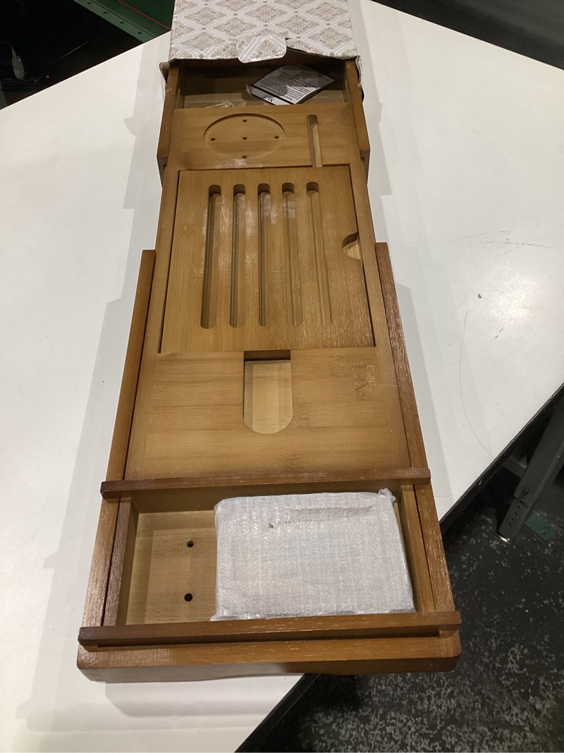 Condition photo showing Good Condition for XcE Bamboo Bathtub Caddy Tray - Expandable to 41 Inches with Book Stand, Soap Holder & Anti-Slip Pads for Luxury Bath Spa, Brown