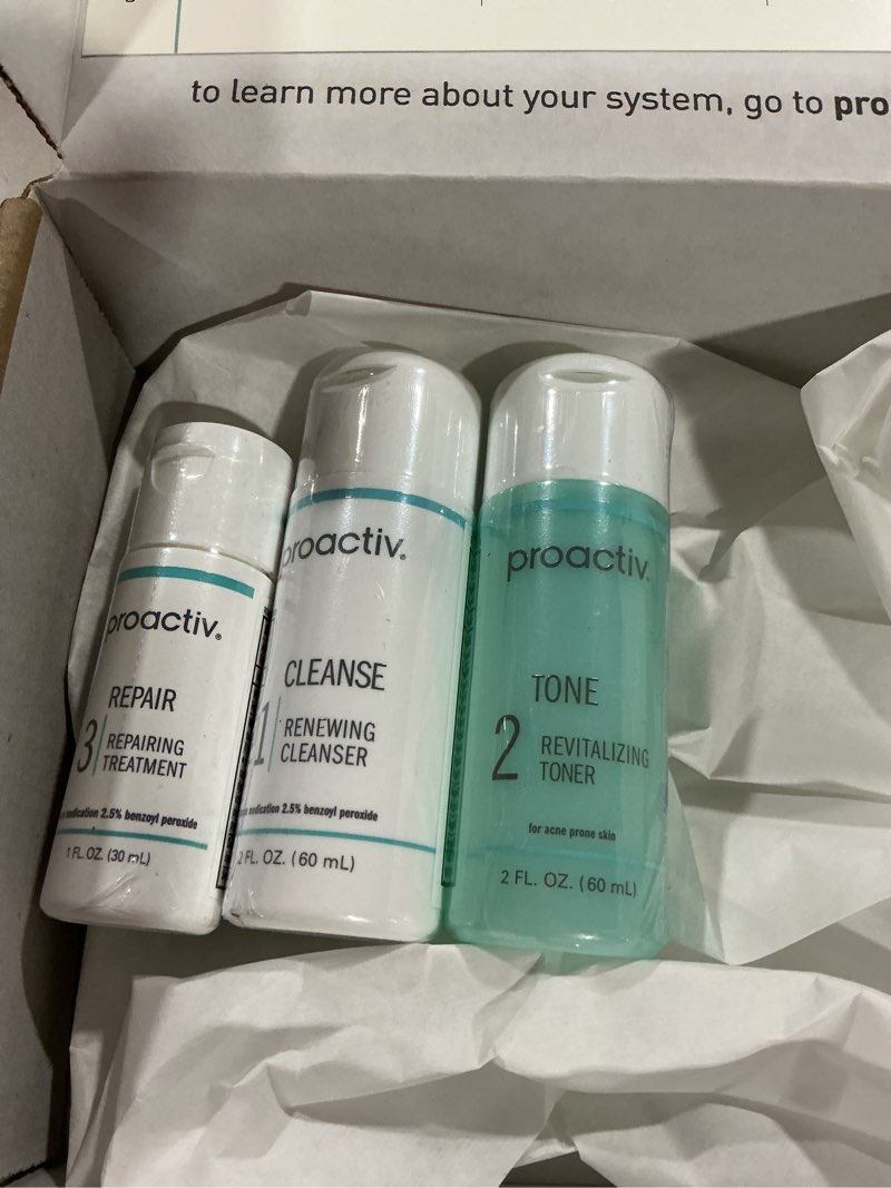 Condition photo showing New/Like New for proactiv 3 step acne treatment - benzoyl peroxide face wash, repairing acne spot treatment for face and body, exfoliating toner - 30 day complete acne skin care kit