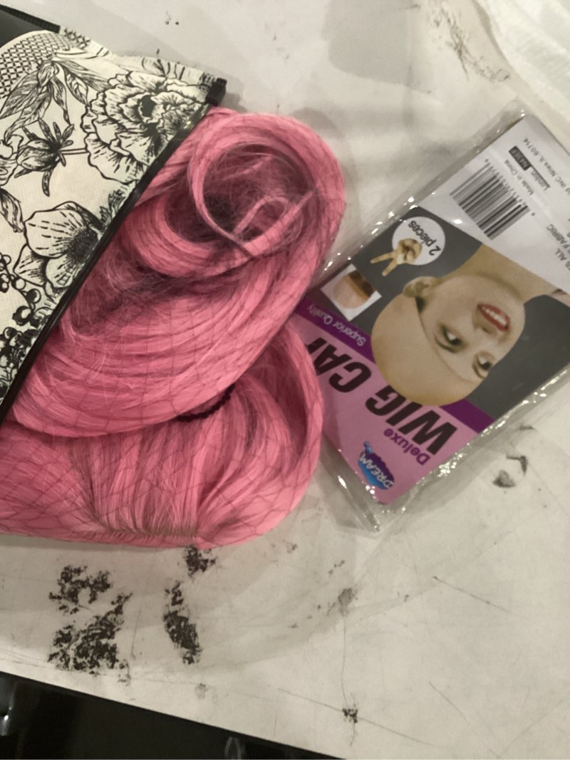 Condition photo showing Good Condition for pink long straight layered wig with bangs for women 26 inch put on go realistic synthetic fiber heat resistant natural wig for girls party cosplay and daily use