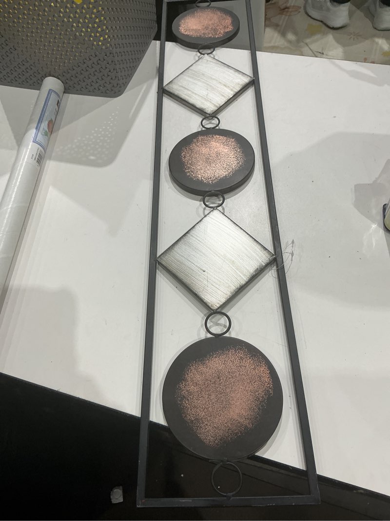 Condition photo showing New/Like New for whw whole house worlds modernist home floating circles and squares, rectangle frame metal wall art, artisan crafted, rustic gray, bronze,gold and silver painted iron, over 3 ft long,