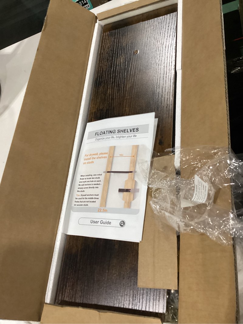 Condition photo showing As Is for bayka floating shelves set of 2, 22.5 inches farmhouse rustic wood wall mounted shelves for bathroom, bedroom, living room or kitchen, hanging shelf decor book with 22lbs capacity, rustic brown b. rustic brown - americana farmhouse style 22.5inches