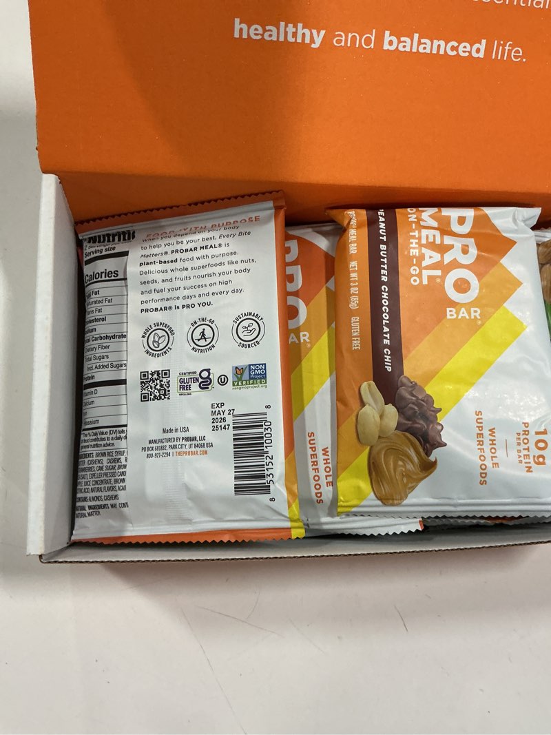 Condition photo showing New/Like New for PROBAR - Meal Bar 12 Flavor Variety Pack - Natural Energy, Non-GMO, Gluten-Free, Plant-Based, Whole-Food Ingredients, 3 Ounce Bars (Pack of 12) - Flavors May Vary ( EXP  MAY 27-2026)