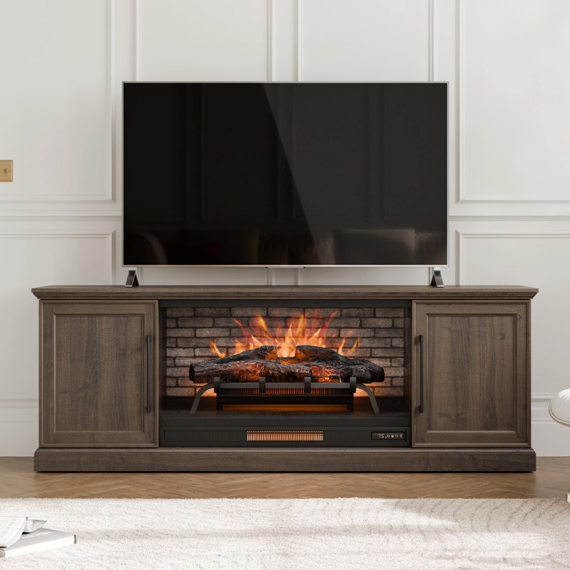 allen + roth 72-in w brown walnut tv stand with infrared quartz flat wall electric fireplace