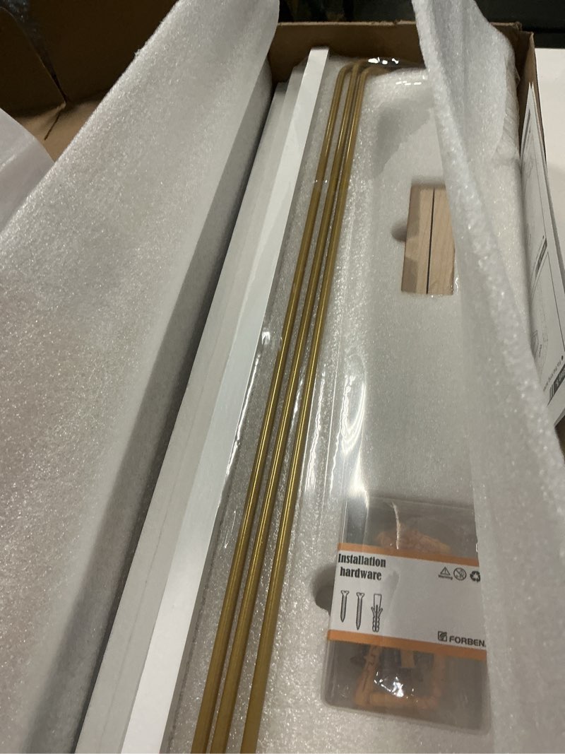 Condition photo showing Good Condition for Forbena 24 Inch Bathroom Floating Shelves for Wall Set of 3, Gold Bathroom Shelves Over Toilet Wall Mounted with Rail, Decorative Hanging Shelf for Bedroom Office Living Room Decor (White and Gold) 24 Inch White and Gold