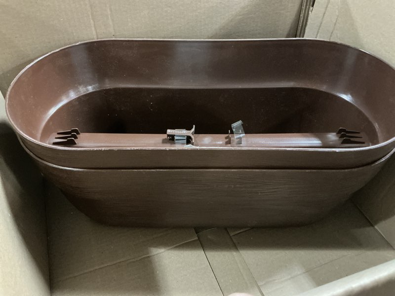 Condition photo showing Good Condition for emsco group bloomers railing planter with drainage holes – 24" weatherproof resin planter – brown, plastic brown 24.3 × 10.5 × 9.5 inches