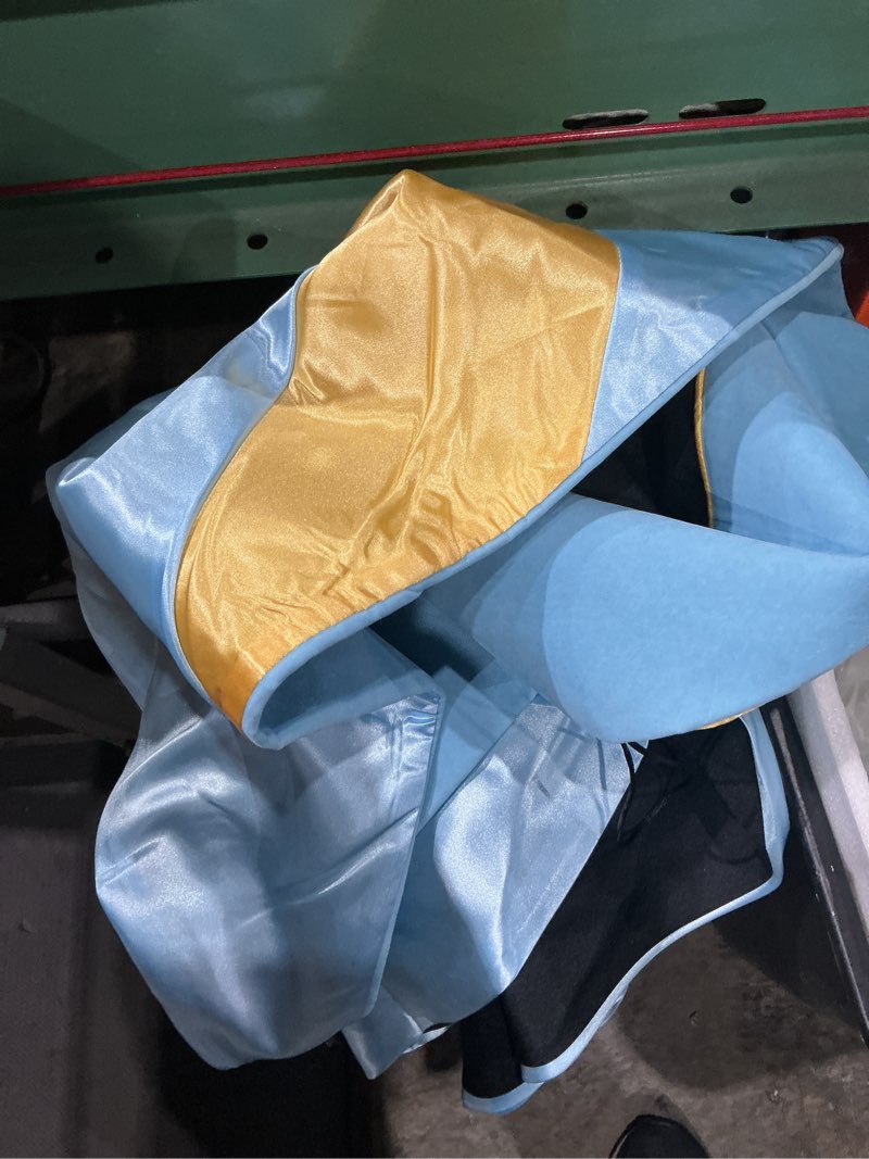 Condition photo showing Good Condition for deluxe doctoral graduation gown hood with gold piping and tam | applicable to faculty members attending important university ceremonies,professors,phd graduates sky blue 48(5'3"-5'6")