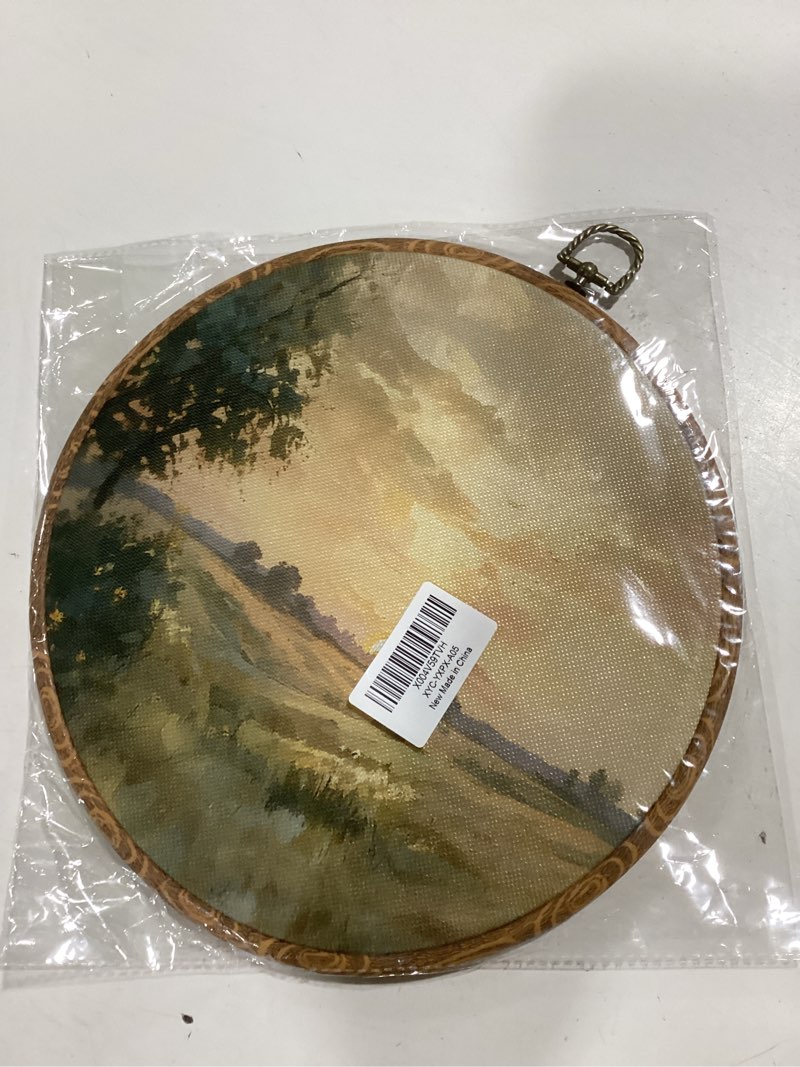 Condition photo showing Good Condition for Vintage Framed Wall Art, Sunset Landscape Round Canvas Wall Art Muted Farmhouse Serene Paintings Artwork, Rustic Decor For Bedroom Living Room(10X10inches) -A05