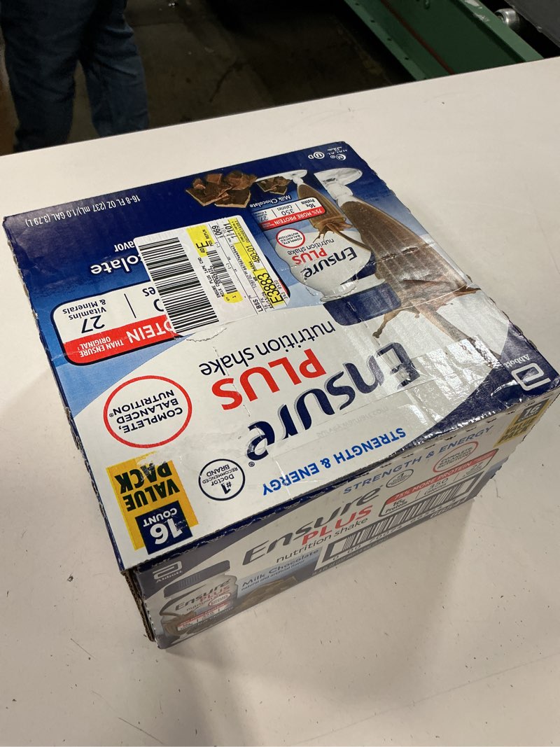 Condition photo showing New/Like New for best by 01/jun/2027)ensure plus nutrition shake chocolate non-caffeinated - 128 fl oz/16ct: gluten-free, meal replacement, milk protein, ready to drink