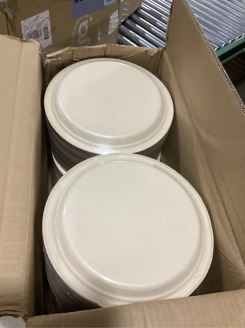 Condition photo showing As Is for 10 inch, 500 pack compostable paper plates round unbleached brown plates made from natural sugarcane fibers, biodegradable heavy duty disposable plates for party, camping, picnic brown 10 inch-500 pack