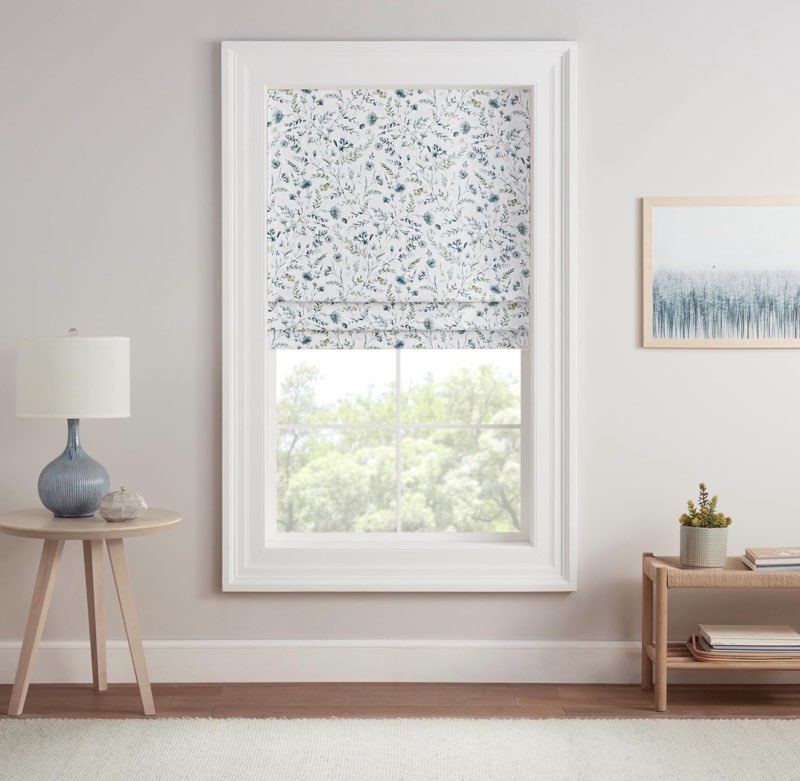 Eclipse Evangeline Botanical Roman Shade for Windows, Cordless 100% Blackout Shade, 23 in Wide x 64 in Long, Noise Reducing, Energy Efficient, Woven Design Window Shade for Any Room, Marine