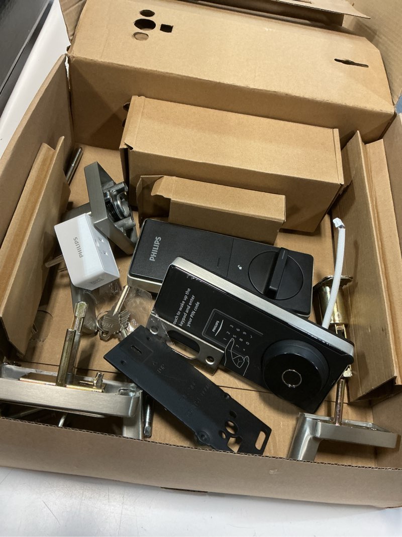 Condition photo showing As Is for philips wi-fi smart lock with handle, keyless entry keypad door lock with handle, front door deadbolt set with wifi gateway, app control, fingerprint unlock, pin code unlock, auto locking wi-fi lock set nickel