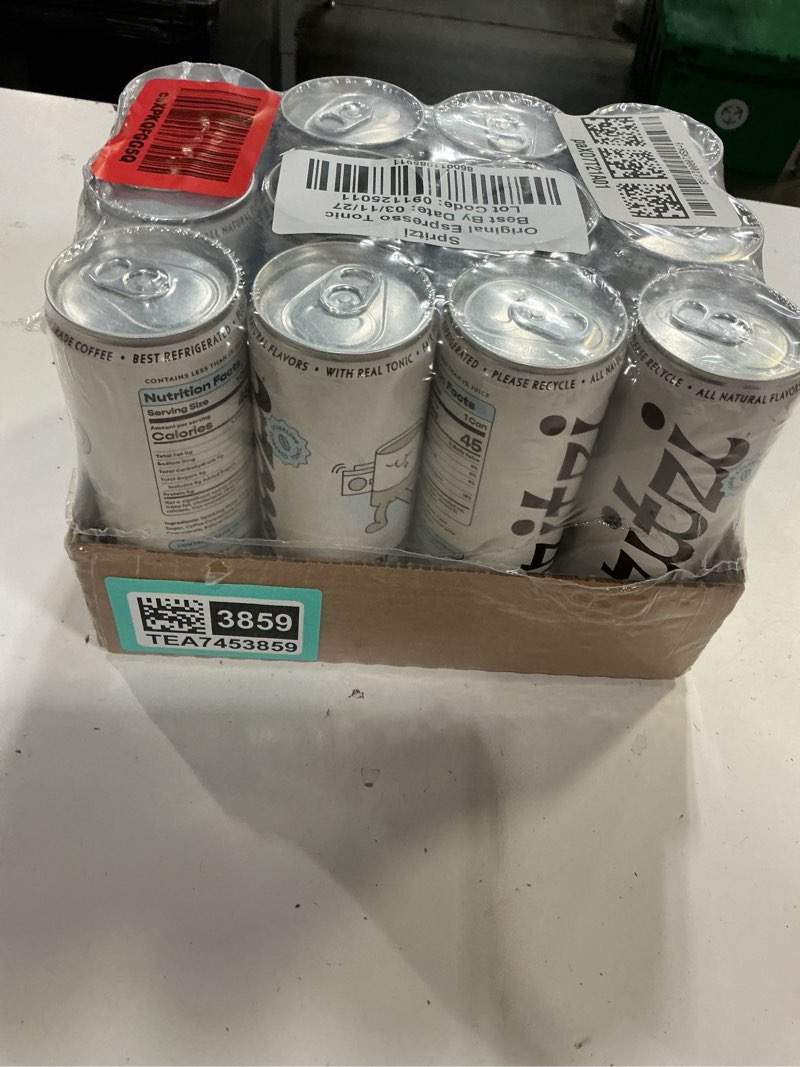 Condition photo showing New/Like New for (best by 03/11/27) spritzi original - sparkling espresso tonic - 75mg caffeine, 45 cal, fair trade coffee, naturally sweetened, refreshing energy alternative - canned coffee drinks (12 fl oz x 12 pack)