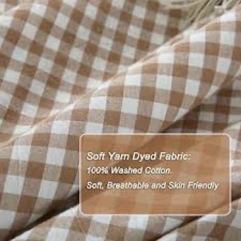 Silnuo Taupe/White Plaid Ruffle Duvet Cover King Size,100% Washed Cotton 3 Pcs Vintage Checkered Chi