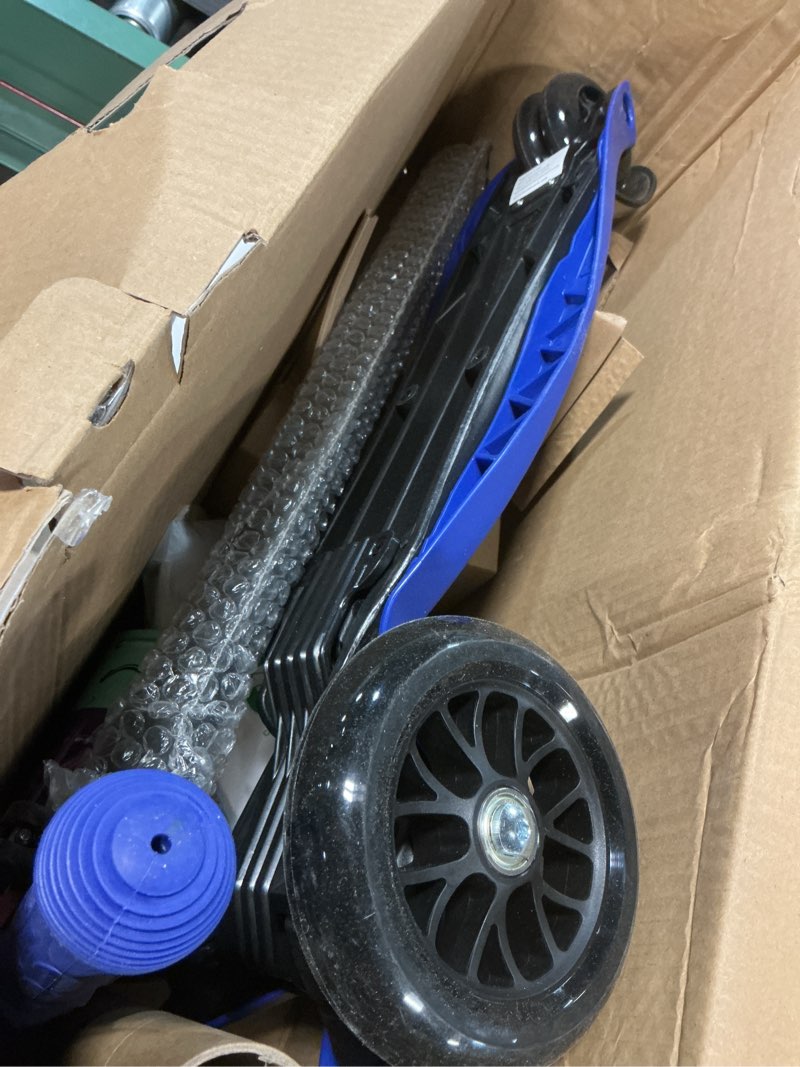 Condition photo showing As Is for micro kickboard | maxi original kids scooter for ages 5-12 | children up to 110 lbs | 3 wheel lean-to-steer design | adjustable t bar | smooth ride pu wheels | swiss design blue