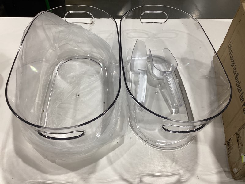 Condition photo showing Good Condition for ice buckets for parties 2 packs, 15l large ice bucket with 2 scoops, clear acrylic plastic tub for home office fridge storage, supplies for champagne, beer, cocktail on mimosa bar drinks and parties