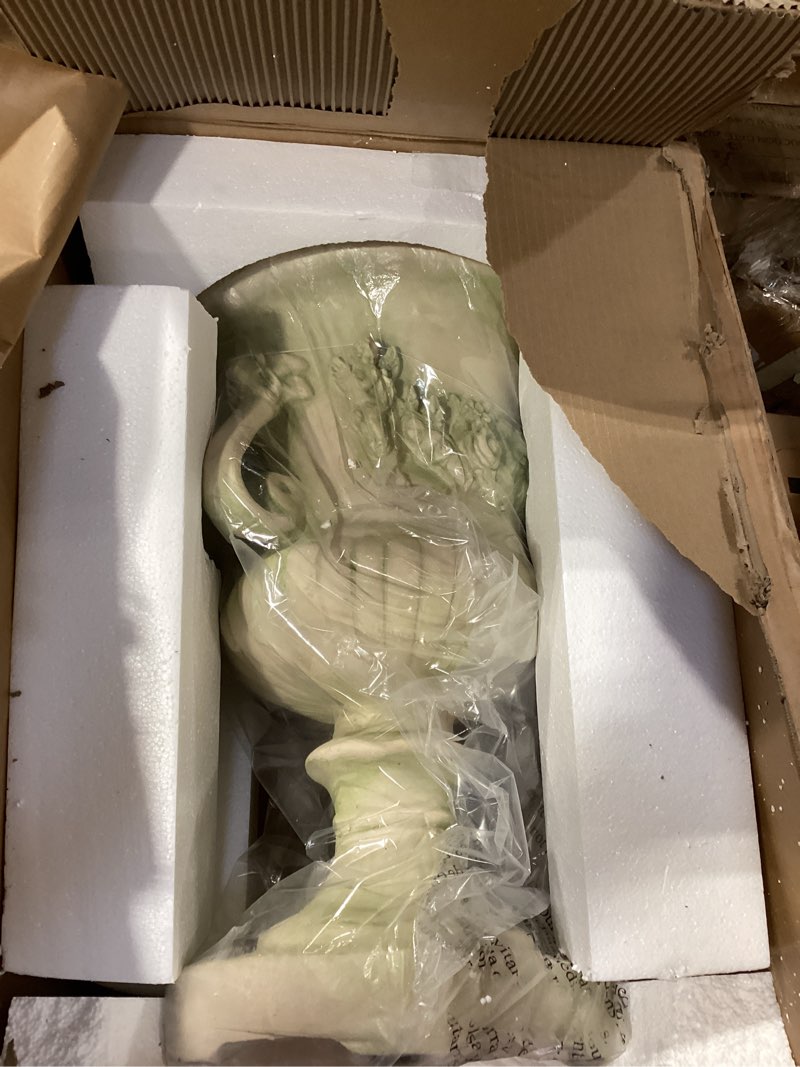Condition photo showing Good Condition for Christopher Knight Home Adonis Traditional Roman Chalice Garden Urn Planter with Lion and Floral Accents, Antique White
