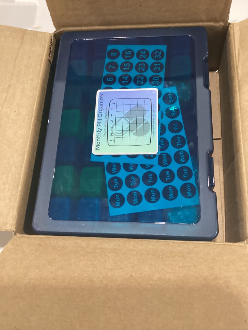 Condition photo showing New/Like New for monthly pill organizer 3 times a day, friwole medicine box with portable weekly pill bag, pill taker remover, pill cutter and 2 sticker (blue, 3 times a day) blue 3 times a day