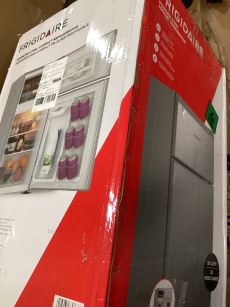 Condition photo showing As Is for 3.1 cu. ft. 2-door retro mini refrigerator in stainless steel