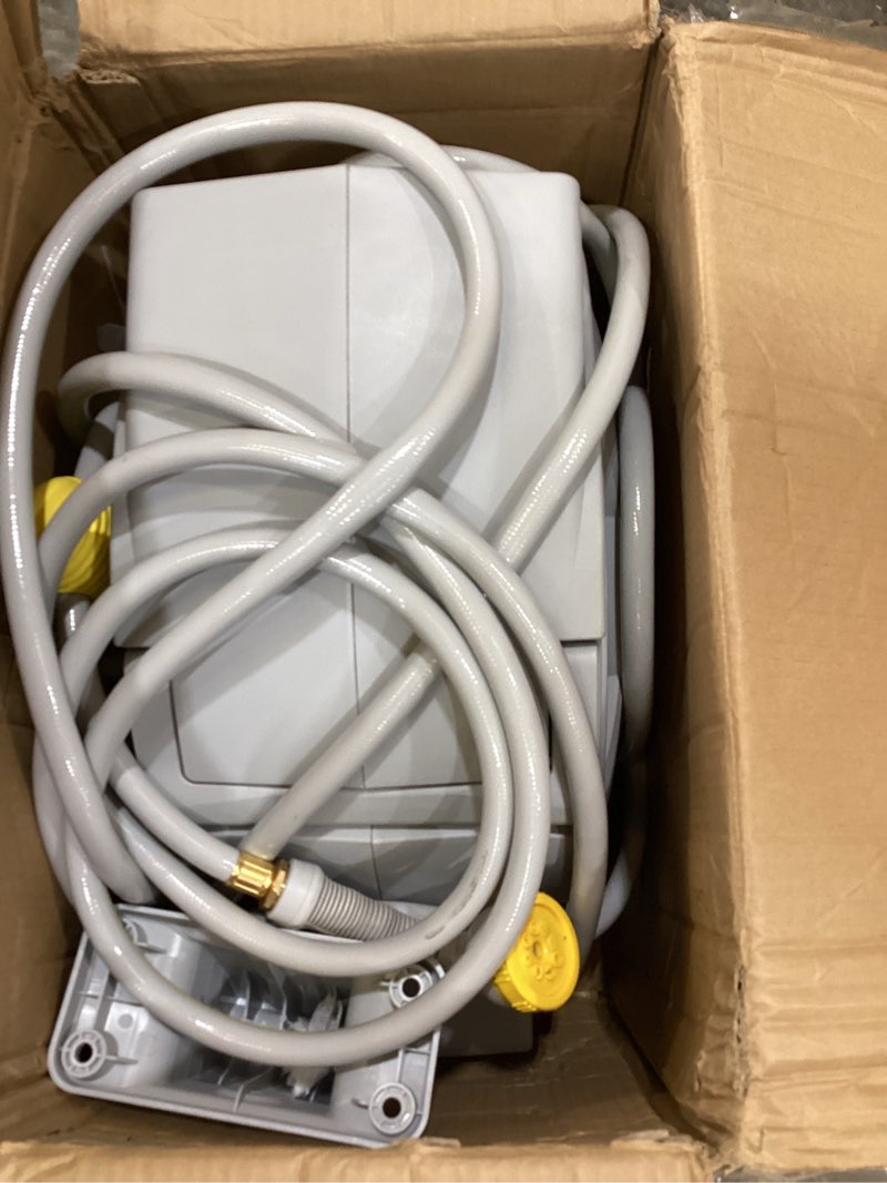 Condition photo showing Good Condition for silvel retractable garden hose reel, 1/2 in x 100 ft wall mounted garden hose reel, with 10 pattern nozzle, any length lock, slow return system, 180°swivel bracket gray 100ft