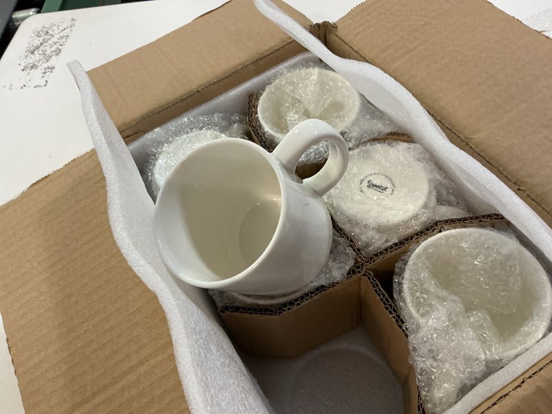 Condition photo showing Good Condition for Sweese 10 Oz Stackable White Coffee Mug, Porcelain Coffee Mugs Sets of 6, Coffee Cups with Handle for Specialty Coffee Drinks, Cappuccino, Cafe Mocha, Latte and Tea, White 10 Ounces White