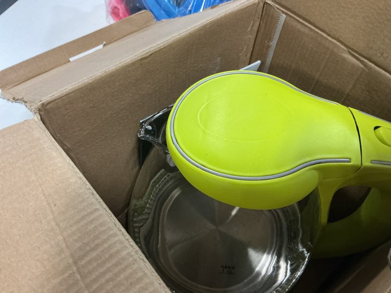 Condition photo showing Good Condition for ovente electric kettle, 1.5l borosilicate glass countertop water heater and boiler for coffee or tea, bpa-free, auto shut-off, boil-dry protection, removable and washable spout filter, green kg83g green 1.6 quarts