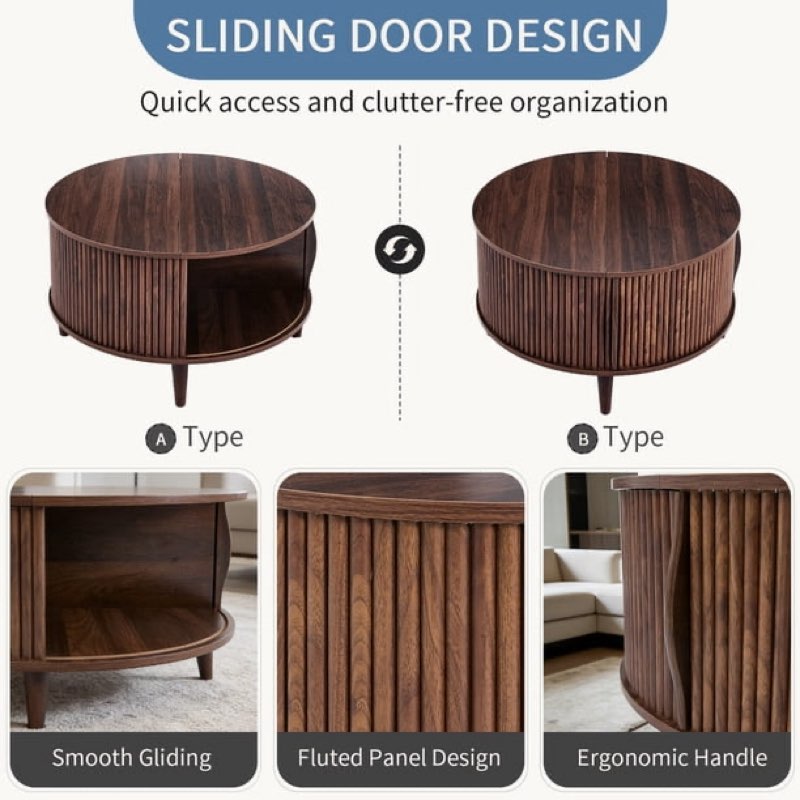gianna coffee table, round coffee tables with storage, fluted center table for living room, 31.69" mid century modern table with sliding cabinet door, 2-tier rustic wood desktop, brown