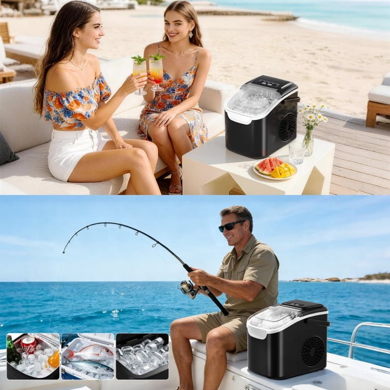 Auseo Countertop Ice Maker, 2 Sizes of Bullet Ice, 26Lbs/24H, 8 Ice Cubes in 6 Mins, Portable Ice Machine with Self-Cleaning for Home/Party/Travel/Camping (Black)