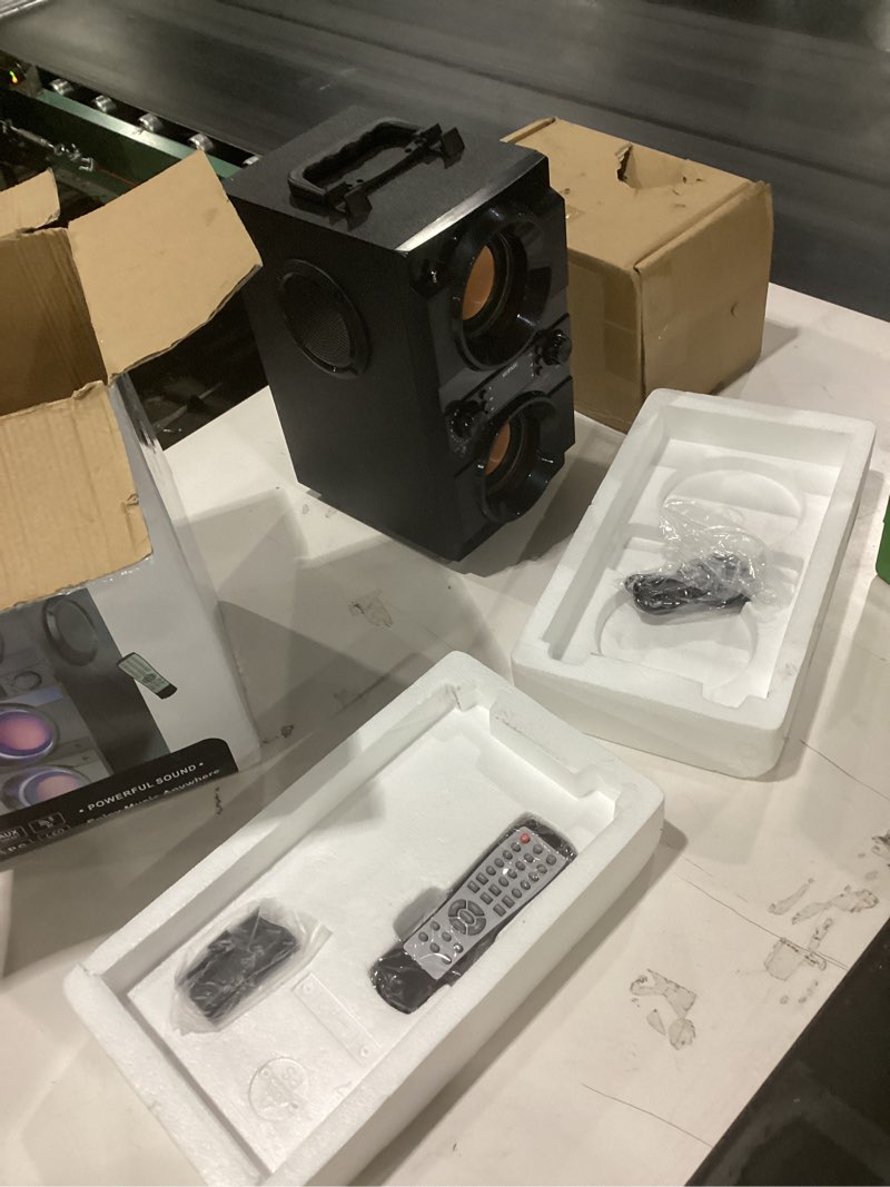 Condition photo showing New/Like New for Not tested!!! 60W (80W Peak) Portable Bluetooth Speaker with Double Subwoofer Heavy Bass, Bluetooth 5.0 Wireless 100ft Outdoor Speaker, Support FM Radio, LED Colorful Lights, Stereo Sound, for Home, Party, Travel