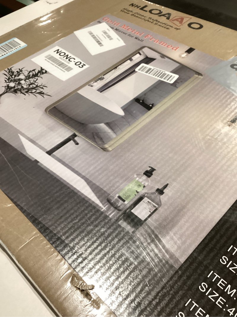 Condition photo showing New/Like New for LOAAO 20”X30” Gold Bathroom Mirror, Rounded Rectangle Gold Frame Mirror, Brushed Gold Bathroom Vanity Mirror Wall-Mounted, Anti-Rust, Hangs Horizontally or Vertically Gold 20"L x 30"W