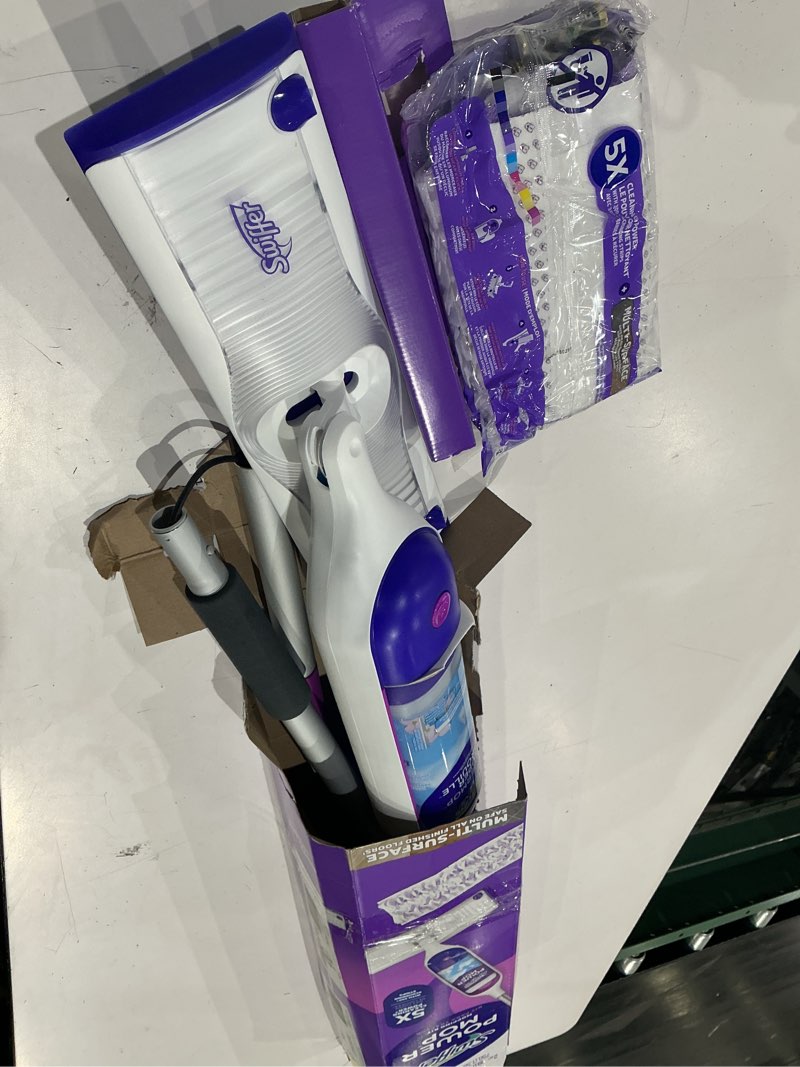 Condition photo showing Good Condition for swiffer powermop mopping kit for floor cleaning, set includes 1 power mop, 2 replacement pads, 1 liquid solution refill, 2 batteries, no bucket needed electric spray cleaner, multi-surface and wood