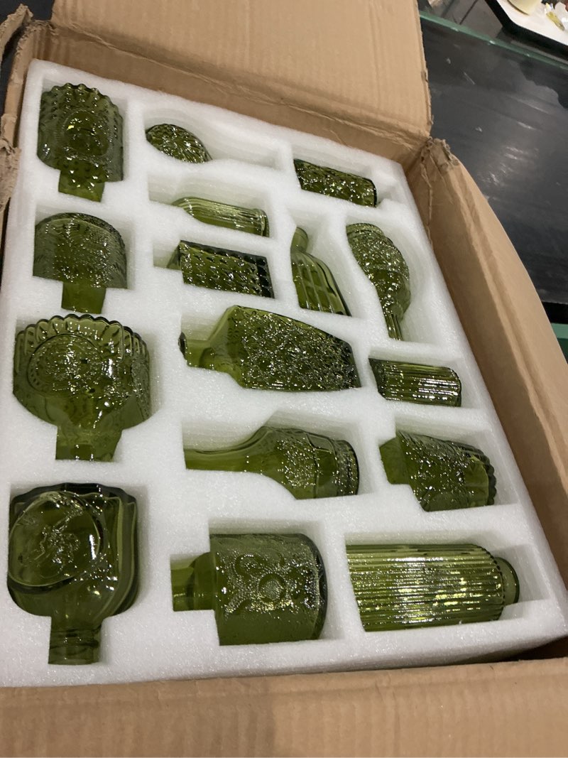 Condition photo showing Good Condition for glass bud vases set of 16 - green assorted small mini glass vases for flowers, crystal vintage vase set, bulk centerpieces for table décor, wedding, home and events (green, 16 pcs) green 16 pcs