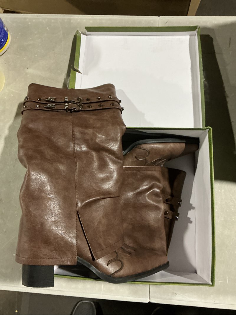 Condition photo showing Good Condition for janseven brown fold over boots for women overlay knee high boot chunky block mid heel pull on tall boots foldover wide calf boots size 9