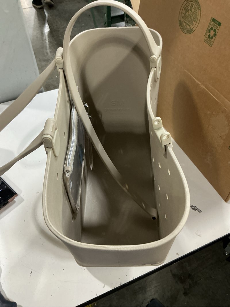 Condition photo showing As Is for simple modern large beach bag | waterproof getaway rubber tote with zipper pocket for travel, pool, boat, groceries, sports | almond birch large -almond birch