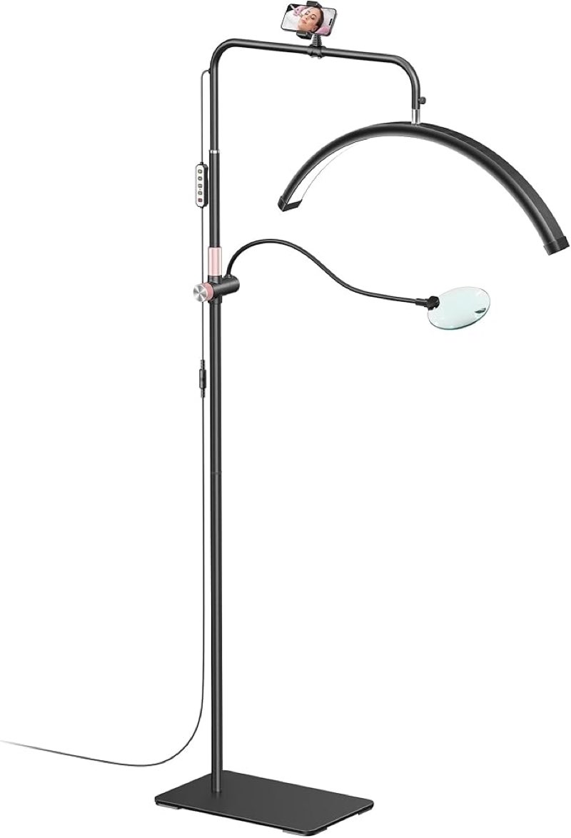 Half Moon Lash Light - Adjustable LED Floor Lash Lamp with 4X Magnifier & Phone Holder for Eyelash E