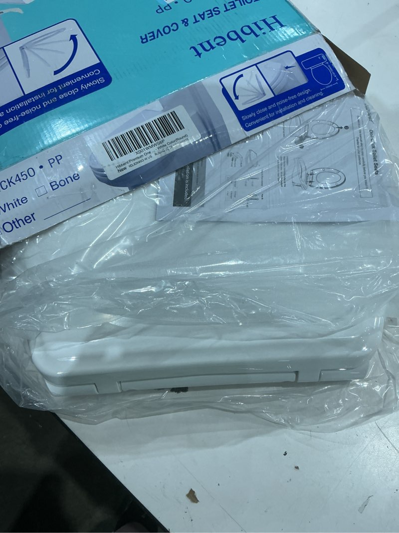 Condition photo showing Good Condition for hibbent premium round toilet seat with cover quiet close, one-click to quick release, easy installation non-slip seat bumpers, slow close toilet seat and cover, easy cleaning-white color one-click round 16.5" white