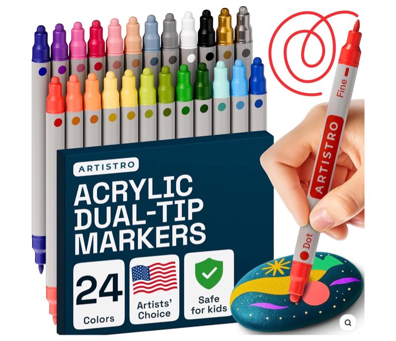 artistro vibrant acrylic paint markers for rock, fabric, glass, wood, paper, ceramic, canvas & more - 24 dual-tip paint pens (dot & fine) - quick dry, teacher classrooms must have, drawing markers