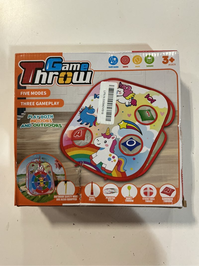 Condition photo showing New/Like New for 5-in-1 bean bag toss game for kids ages 3-8, outdoor cornhole set with 3 interchangeable boards (toss/dart/tic-tac-toe), includes 8 beanbags 6 balls/darts/rings, backyard toys for boys dinosaur