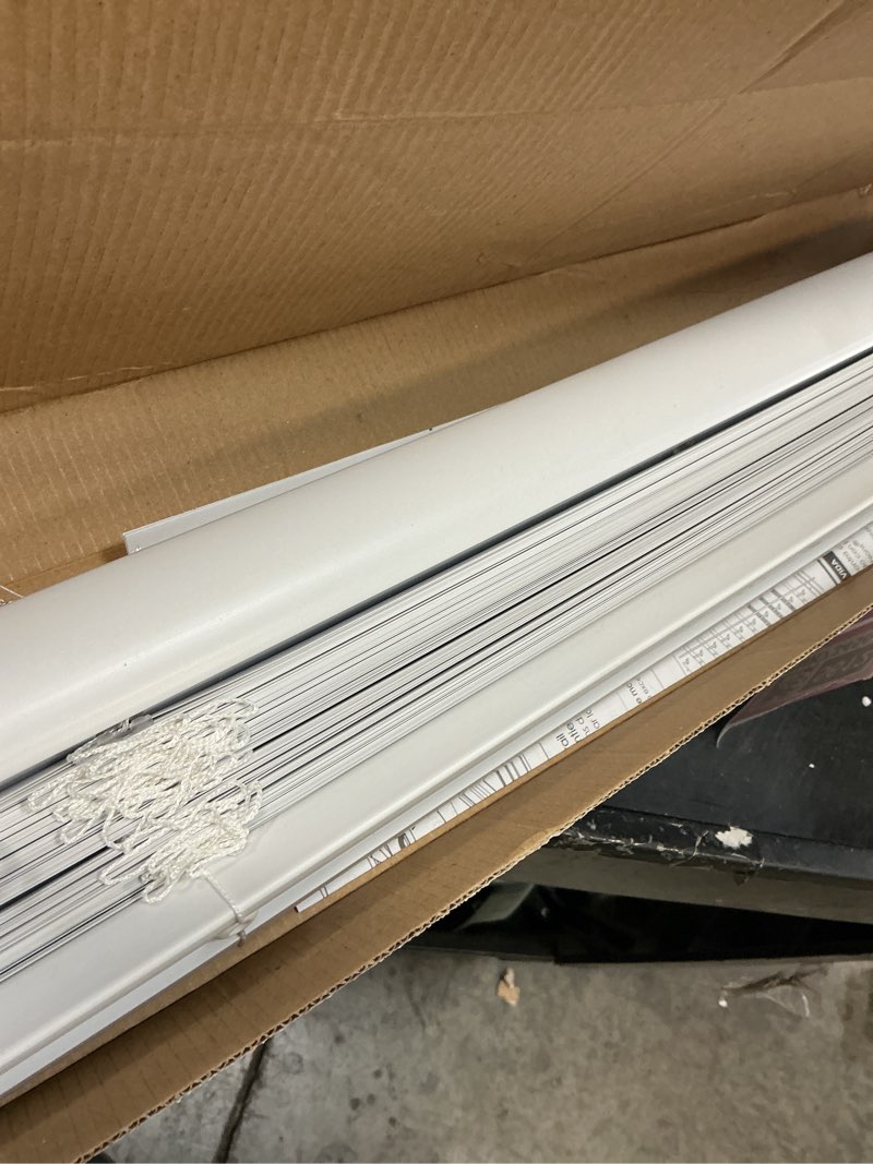 Condition photo showing As Is for mainstays 1  cordless vinyl light filtering blinds  1-piece  white  39  w x 64  l