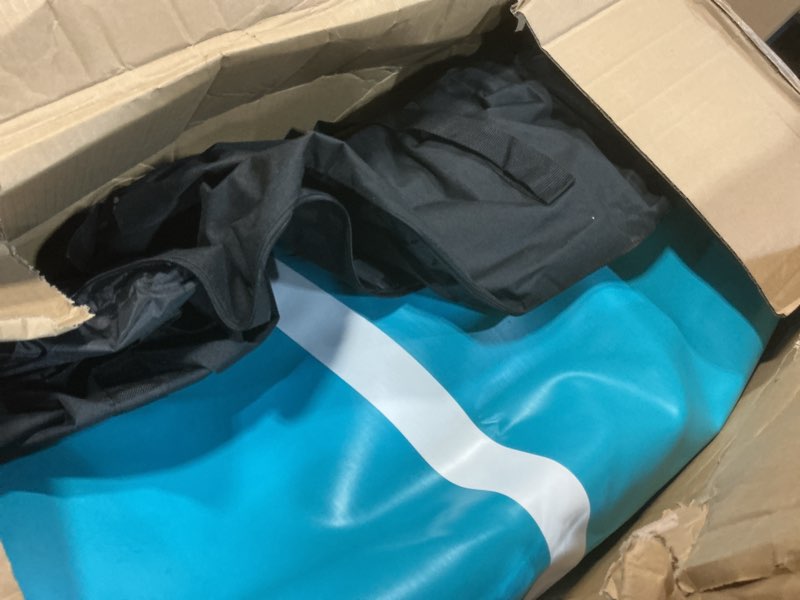 Condition photo showing New/Like New for inflatable gymnastics mat tumble track (8 inches thick) - 10ft/13ft/16ft/20ft air floor training mats for home use, cheerleading, water fun & camping - includes 500w electric pump & carbon pattern 20ftx3.3ftx8" blue