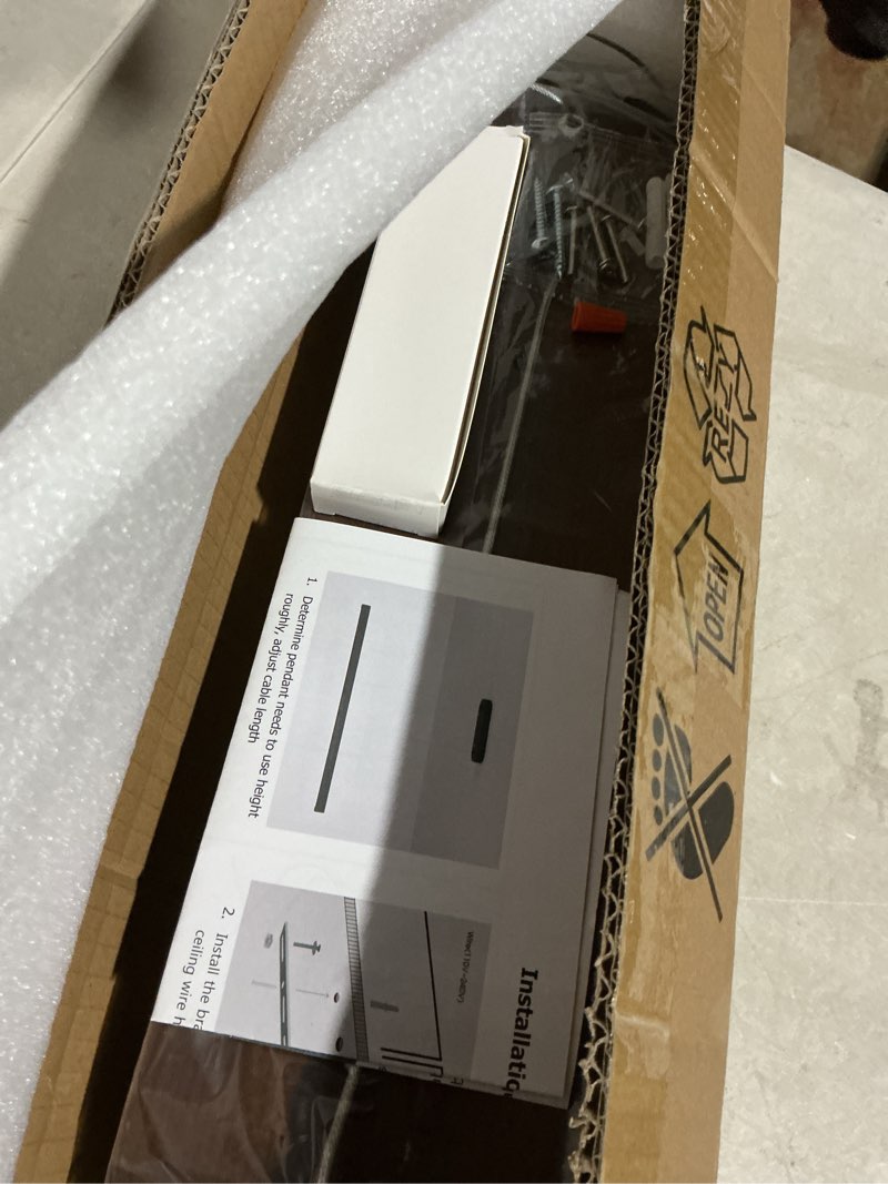 Condition photo showing Good Condition for 47" Wood Linear Pendant Light Fixtures Modern Led 36w Dimmable Pendant Lighting Ceiling Hanging Lights Wood Linear Chandeliers for Kitchen Island Dining Room Pool Table Walnut Color Walnut 47in