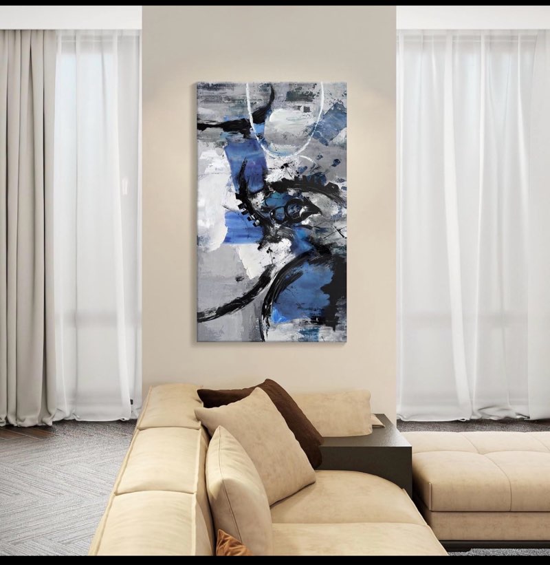 abstract canvas wall art: large wall art for living room, bedroom & gray office decorations for work, framed artwork - modern decor with blue & black paintings 40\"l x 20\"w blue